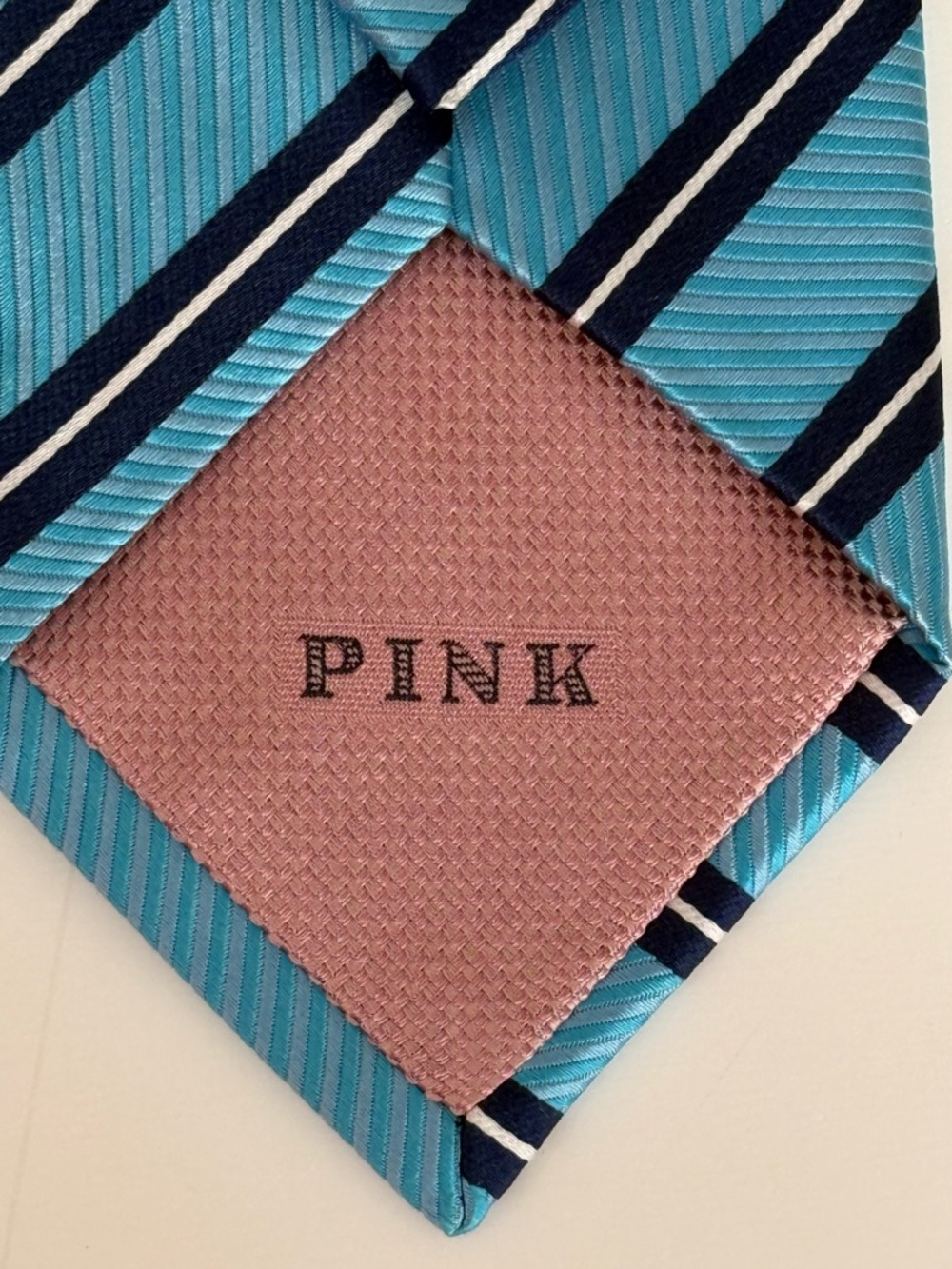 Thomas Pink Turquoise & Navy Striped Silk Tie - Picture 2 of 4